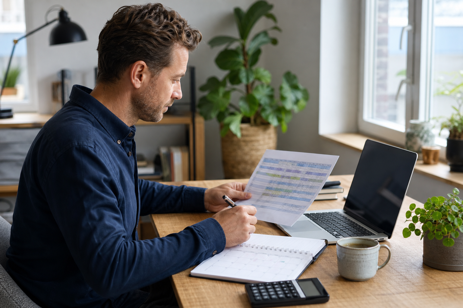 Ondernemer bekijkt een lege weekplanning, rekenmachine en laptop aan een lichte werktafel