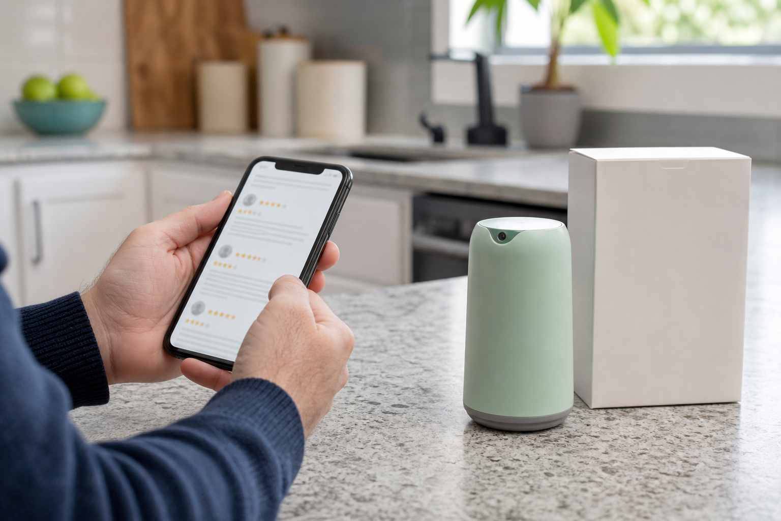 Consument die op een smartphone reviews bekijkt naast een merkloos product