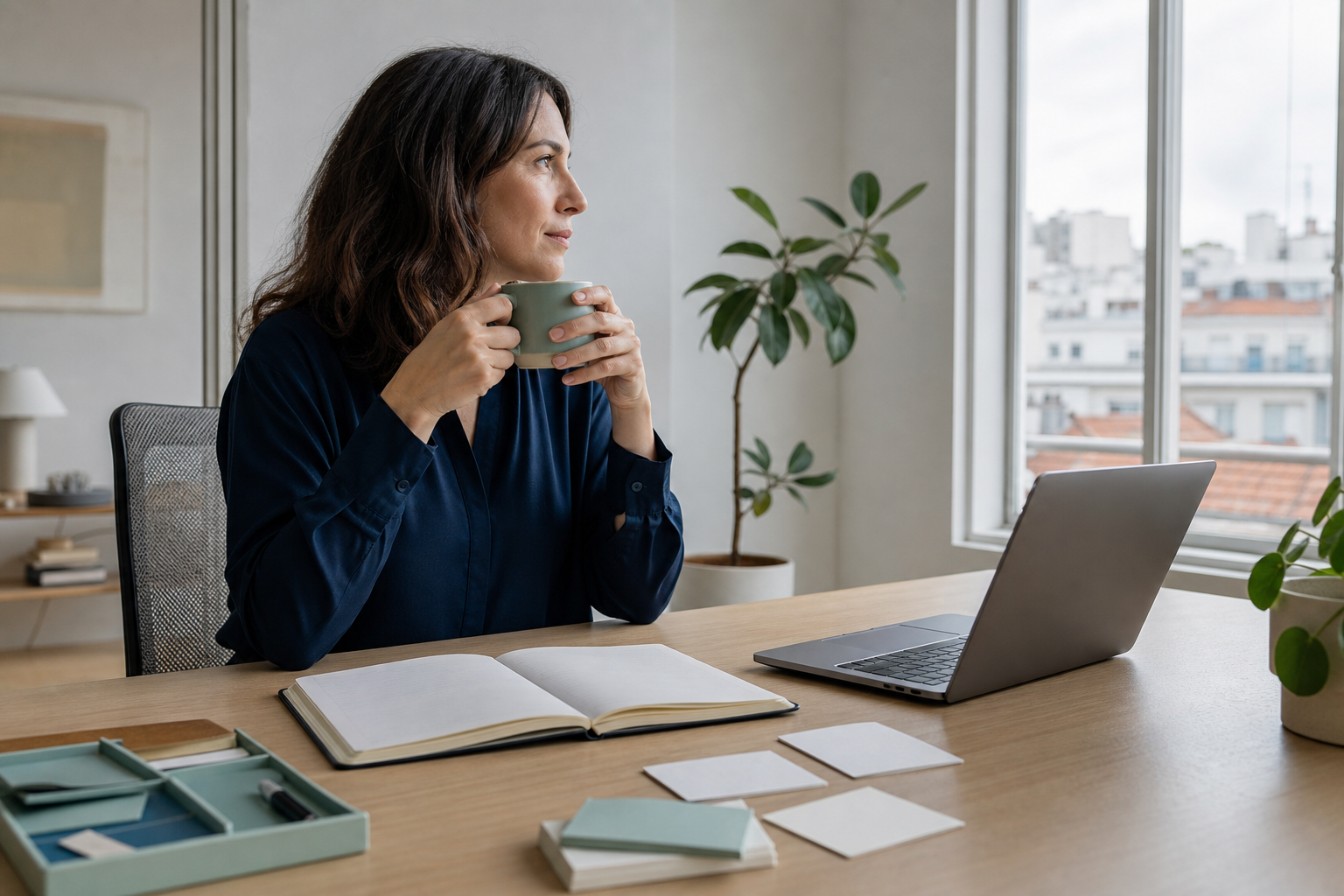 Professional met thee bij een laptop, agenda en lege taakkaarten in een lichte werkkamer